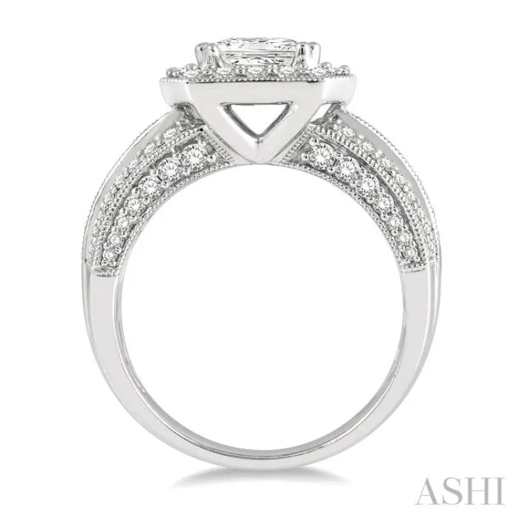 1 5/8 ctw Cushion Shape Center Baguette and Round Cut Diamond Semi-Mount Engagement Ring in 14K White Gold