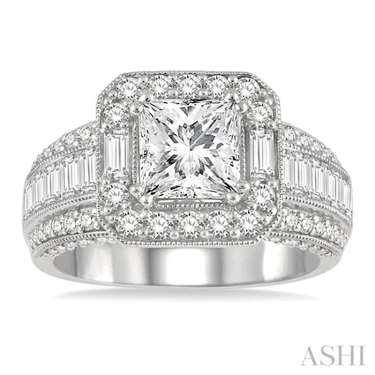 1 5/8 ctw Cushion Shape Center Baguette and Round Cut Diamond Semi-Mount Engagement Ring in 14K White Gold