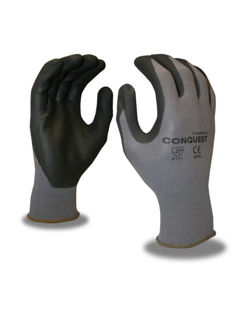 (12 pairs) Conquest™ 15-gauge Black Foam Nitrile Palm Coated Gloves w/ Gray Nylon Shell