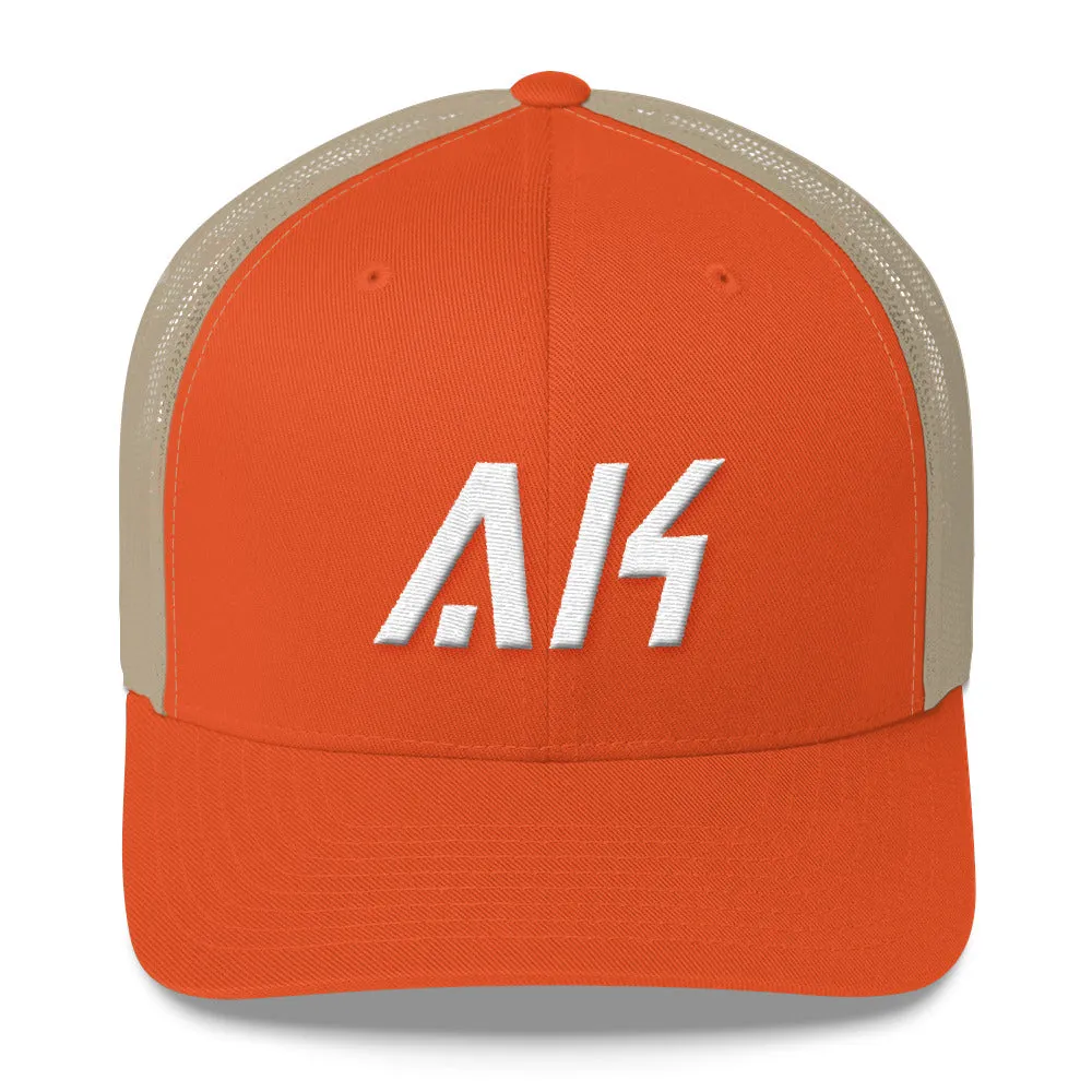 Alaska - Mesh Back Trucker Cap - White Embroidery - AK - Many Hat Color Options Available