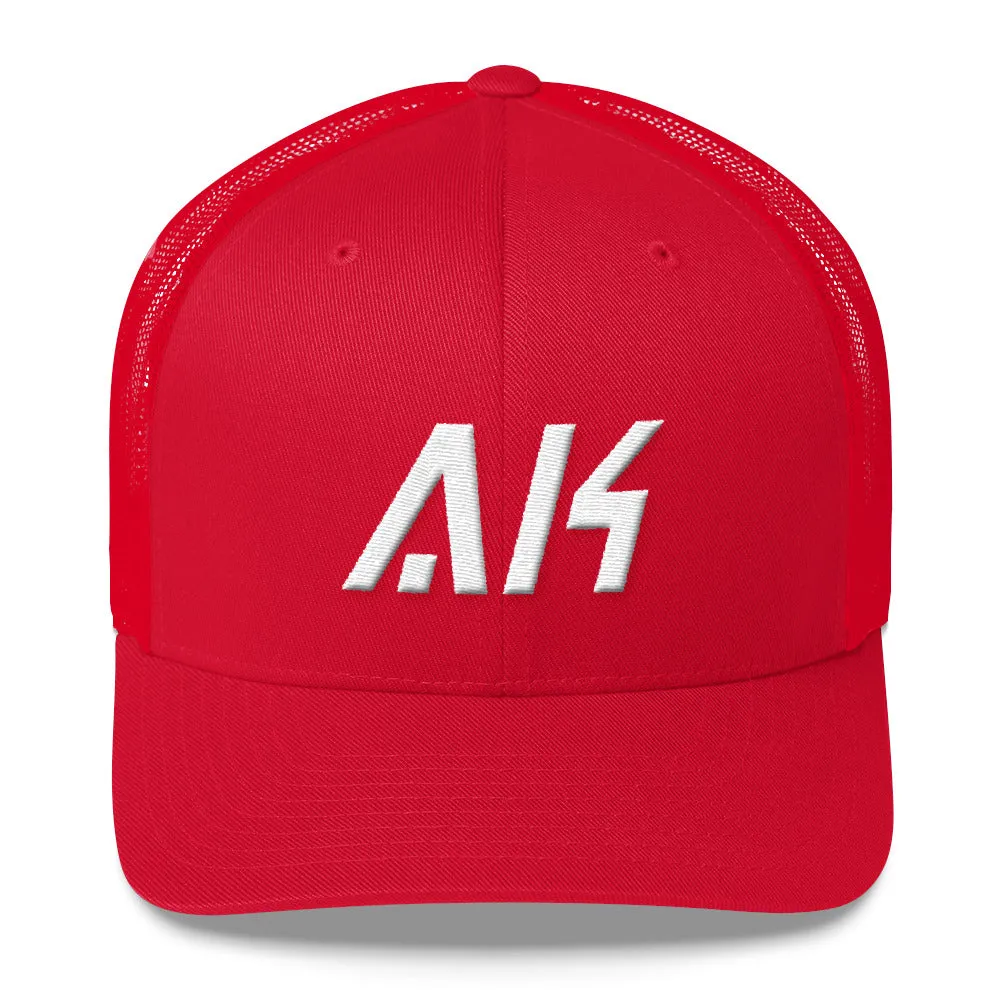 Alaska - Mesh Back Trucker Cap - White Embroidery - AK - Many Hat Color Options Available