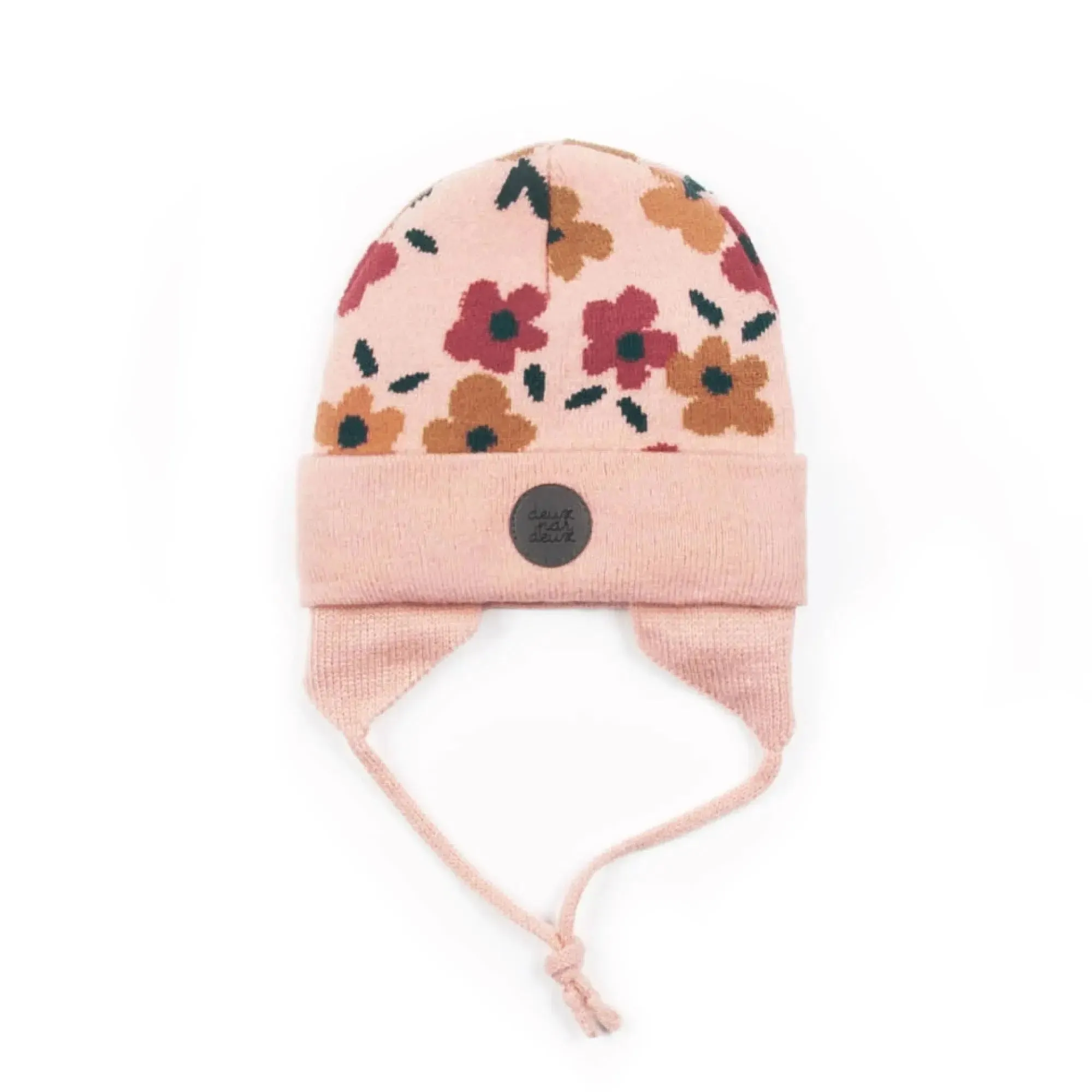 Baby Earflap Winter Hat Pink With Flowers | DEUX PAR DEUX