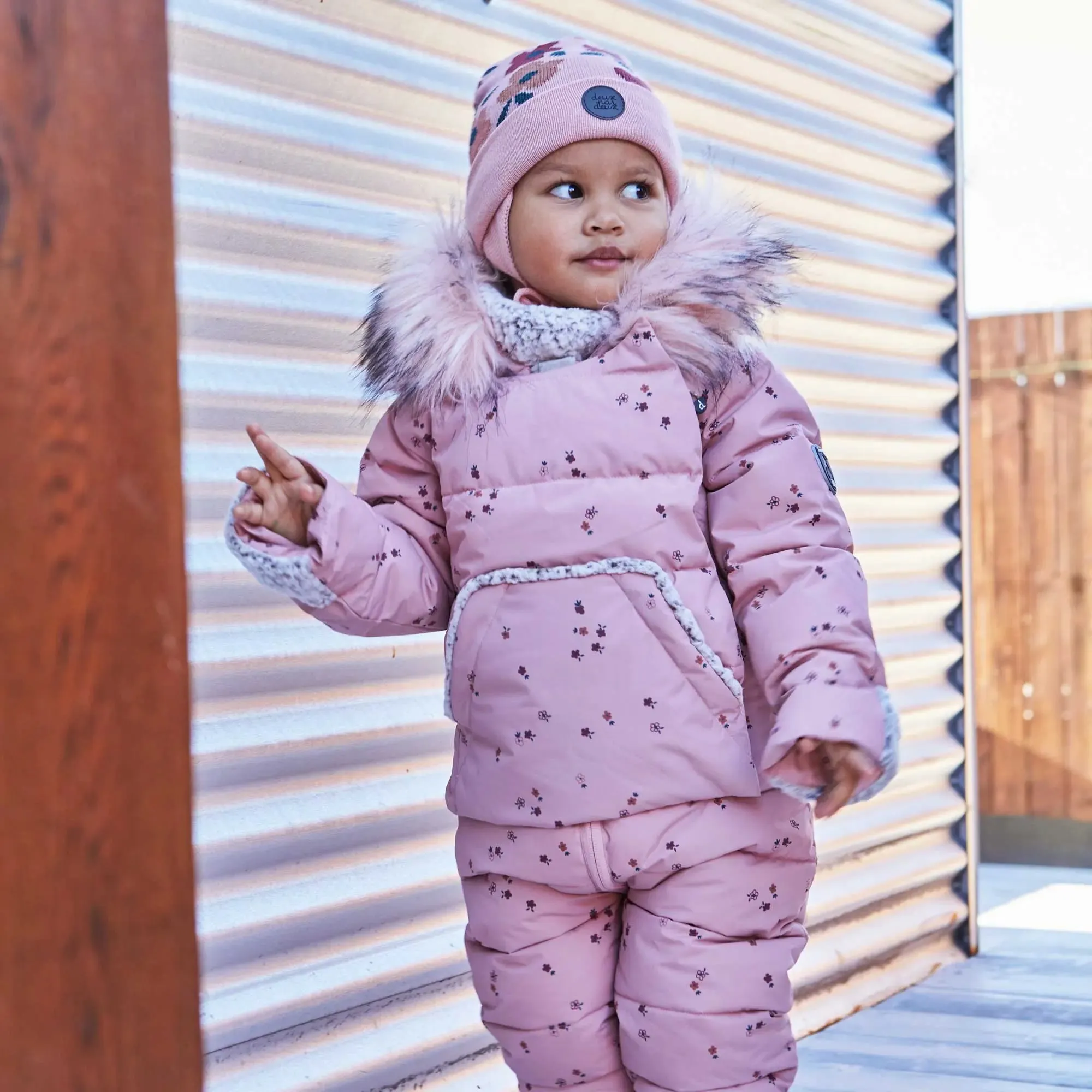 Baby Earflap Winter Hat Pink With Flowers | DEUX PAR DEUX