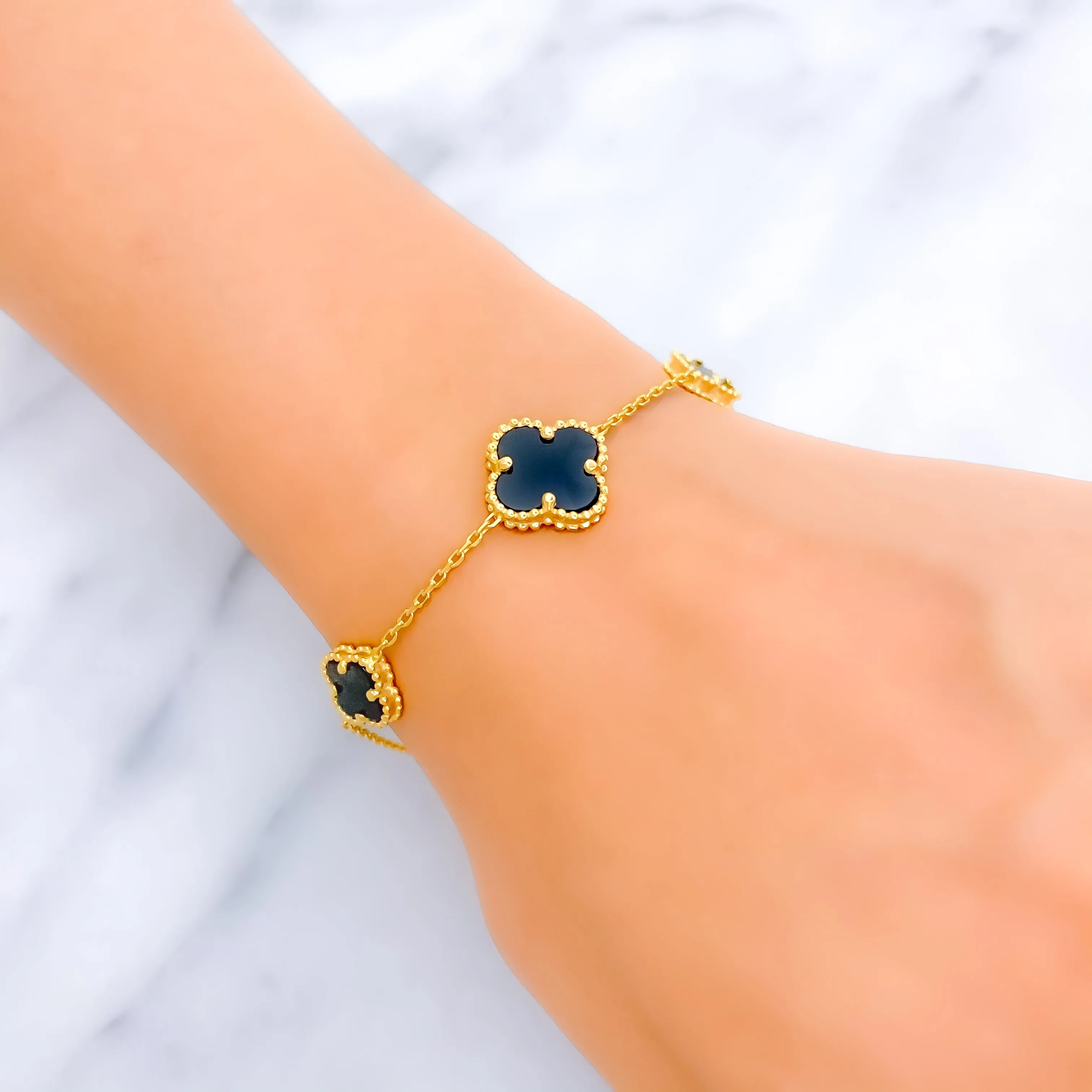 Beautiful Black Onyx 21k Gold Clover Bracelet