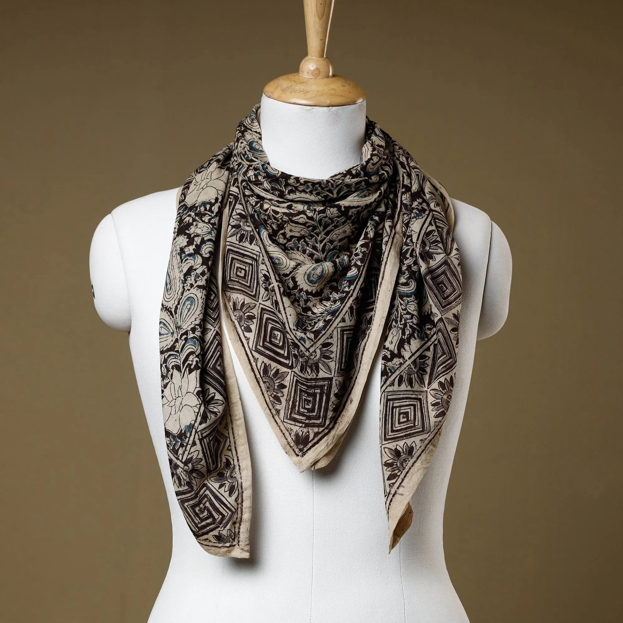 Black - Original Pedana Kalamkari Block Printed Cotton Scarf