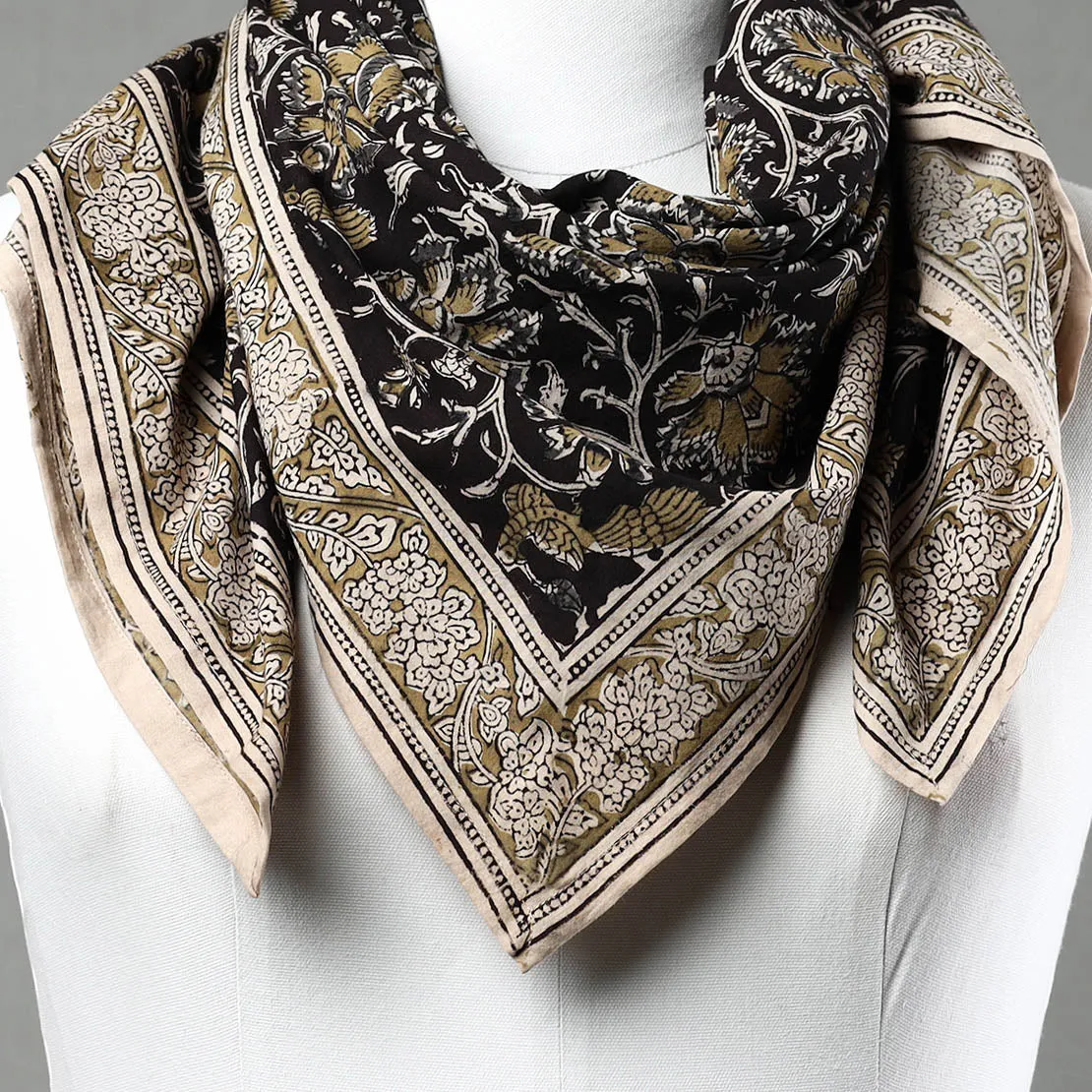 Black - Pedana Kalamkari Block Printed Natural Dyed Cotton Scarf 74