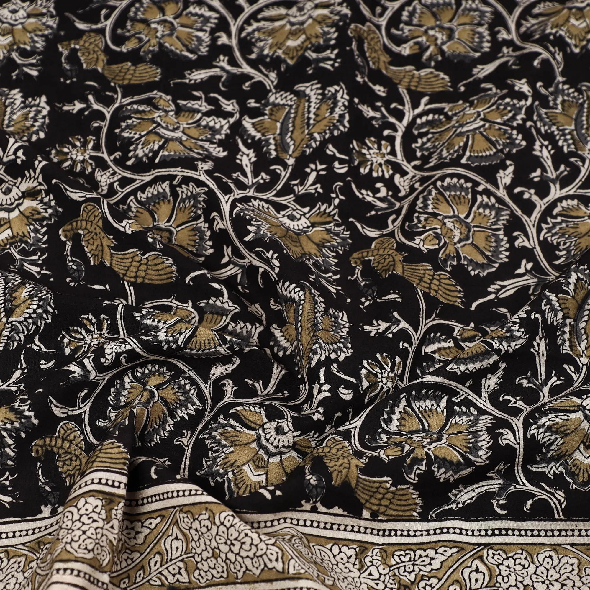 Black - Pedana Kalamkari Block Printed Natural Dyed Cotton Scarf 74