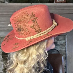 Cowboy Hat Custom Burned by Hand- Red - Bourbon Cowgirl