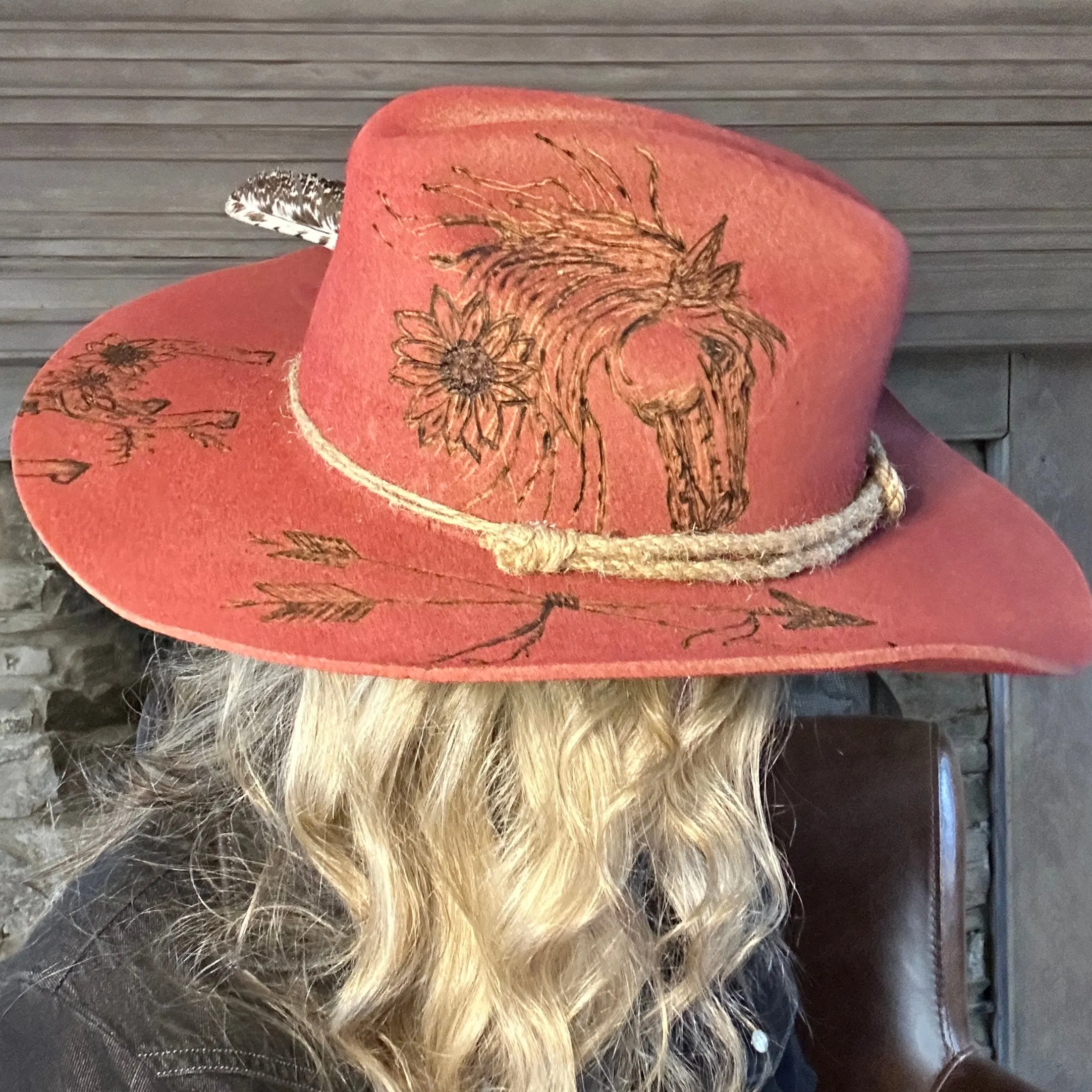 Cowboy Hat Custom Burned by Hand- Red - Bourbon Cowgirl