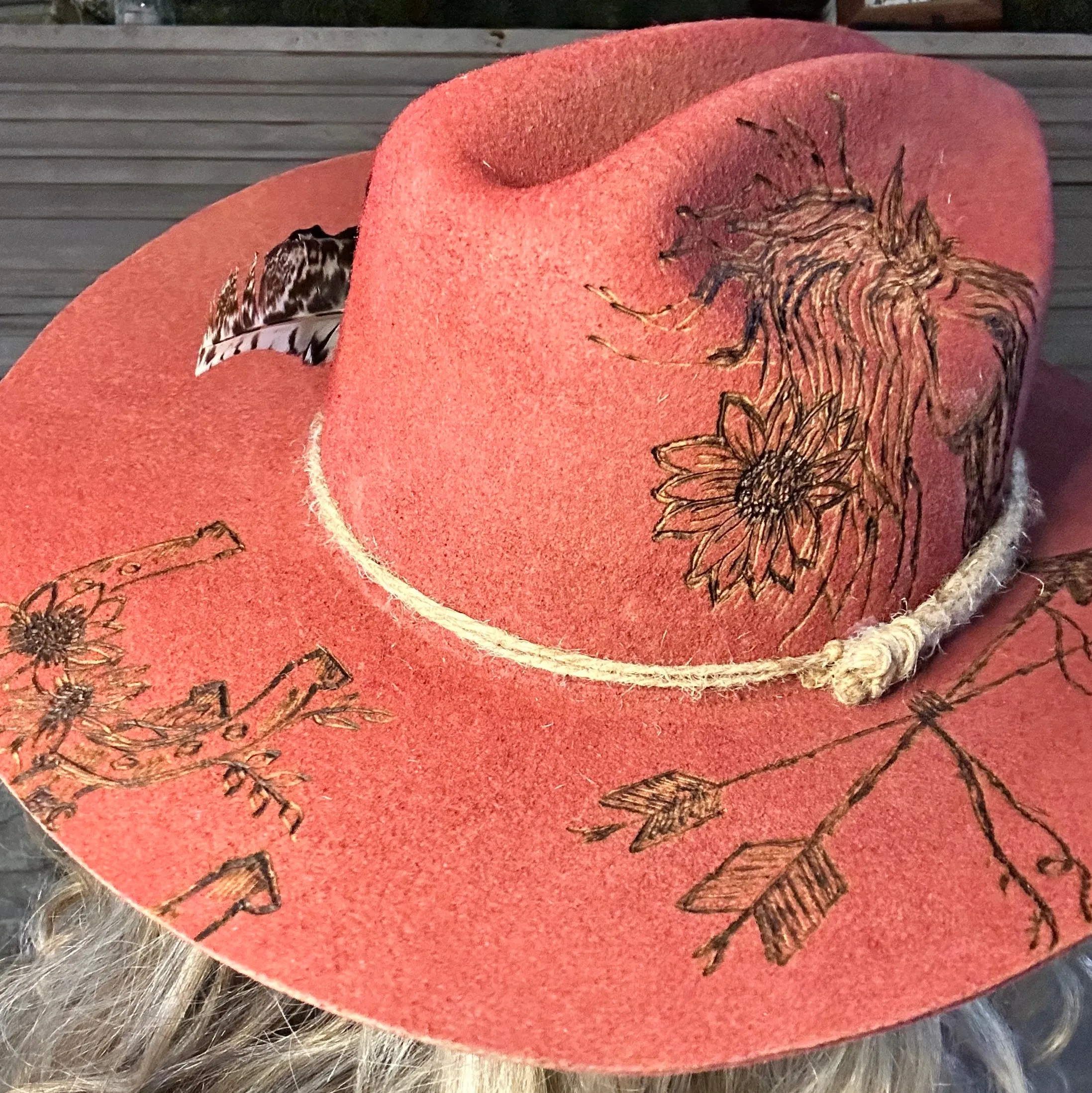 Cowboy Hat Custom Burned by Hand- Red - Bourbon Cowgirl