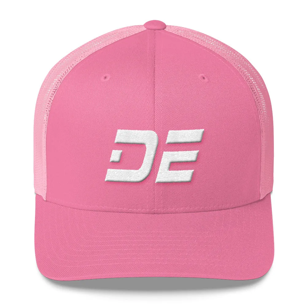 Delaware - Mesh Back Trucker Cap - White Embroidery - DE - Many Hat Color Options Available