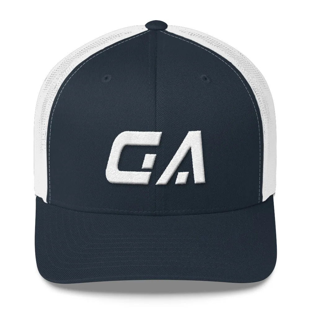 Georgia - Mesh Back Trucker Cap - White Embroidery - GA - Many Hat Color Options Available