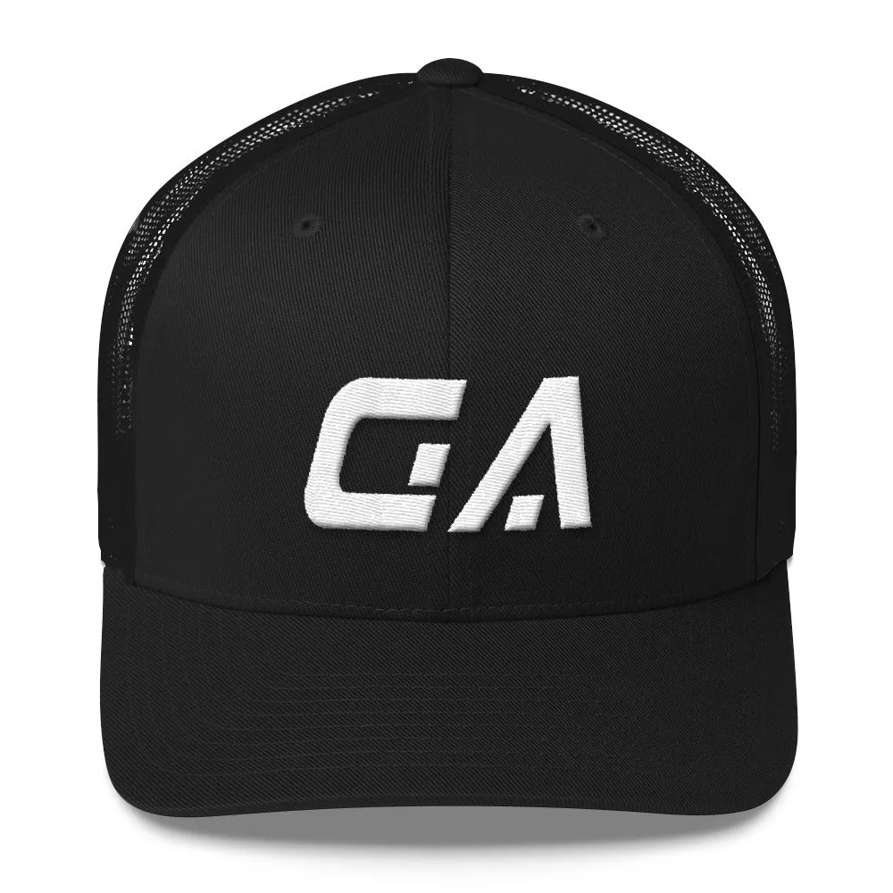 Georgia - Mesh Back Trucker Cap - White Embroidery - GA - Many Hat Color Options Available