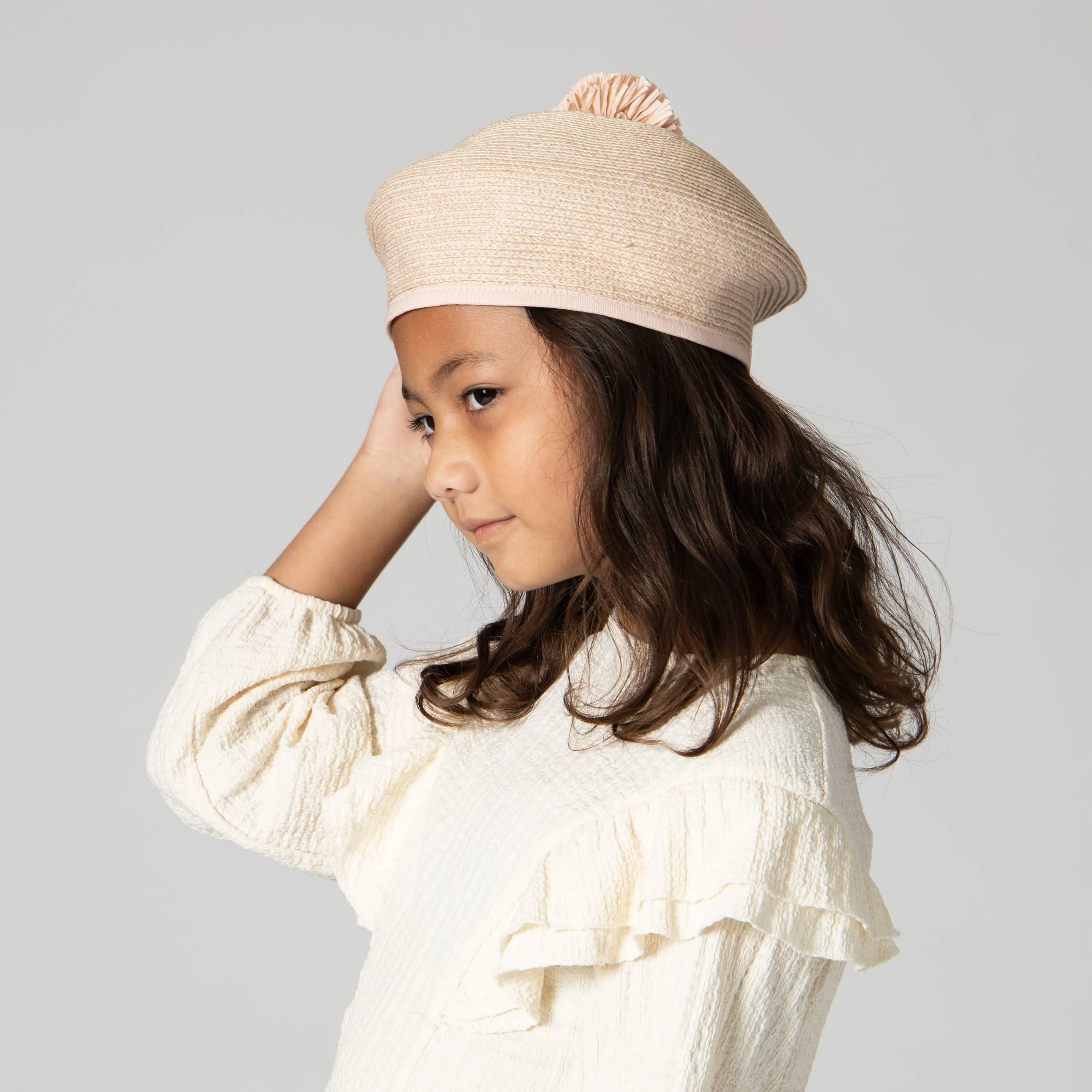 Kid Paper Braid Beret w/ Straw Pom Pom