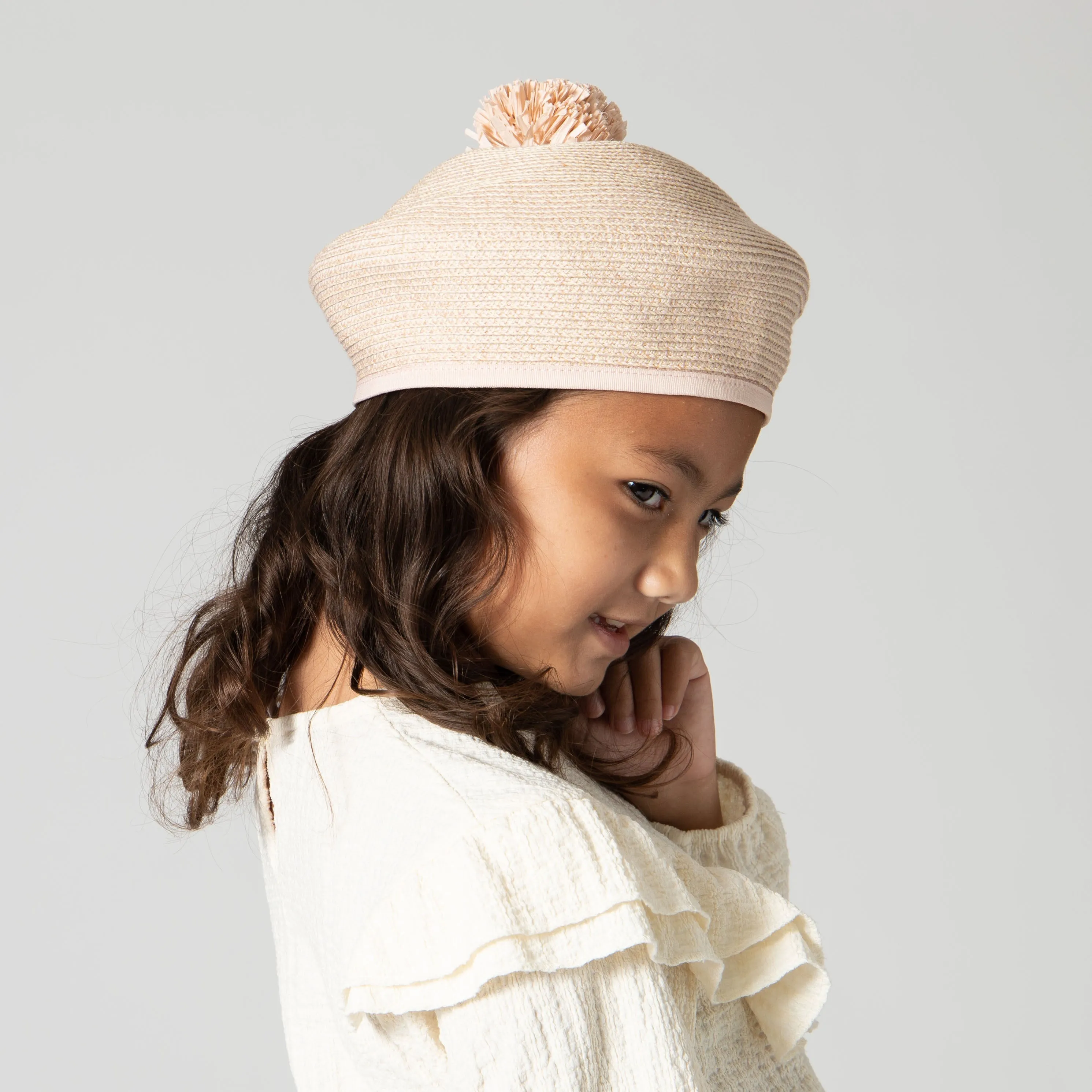 Kid Paper Braid Beret w/ Straw Pom Pom