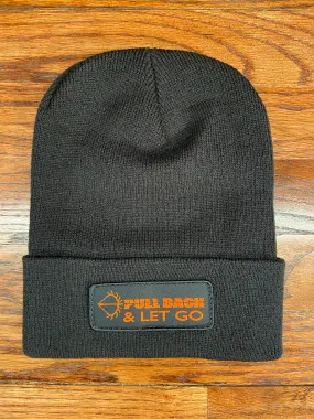 KNIT BEANIE • BLACK W/ ORANGE PATCH