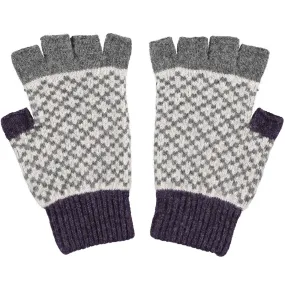 Unisex Cross Pattern Grey & Purple Lambswool Fingerless Gloves