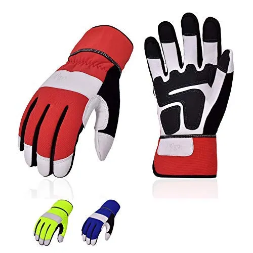 VGO 1/ 3 Pairs High Dexterity Soft Genuine Goat Leather Work Gloves (Hi-Viz Green Blue Red,GA7674-M)