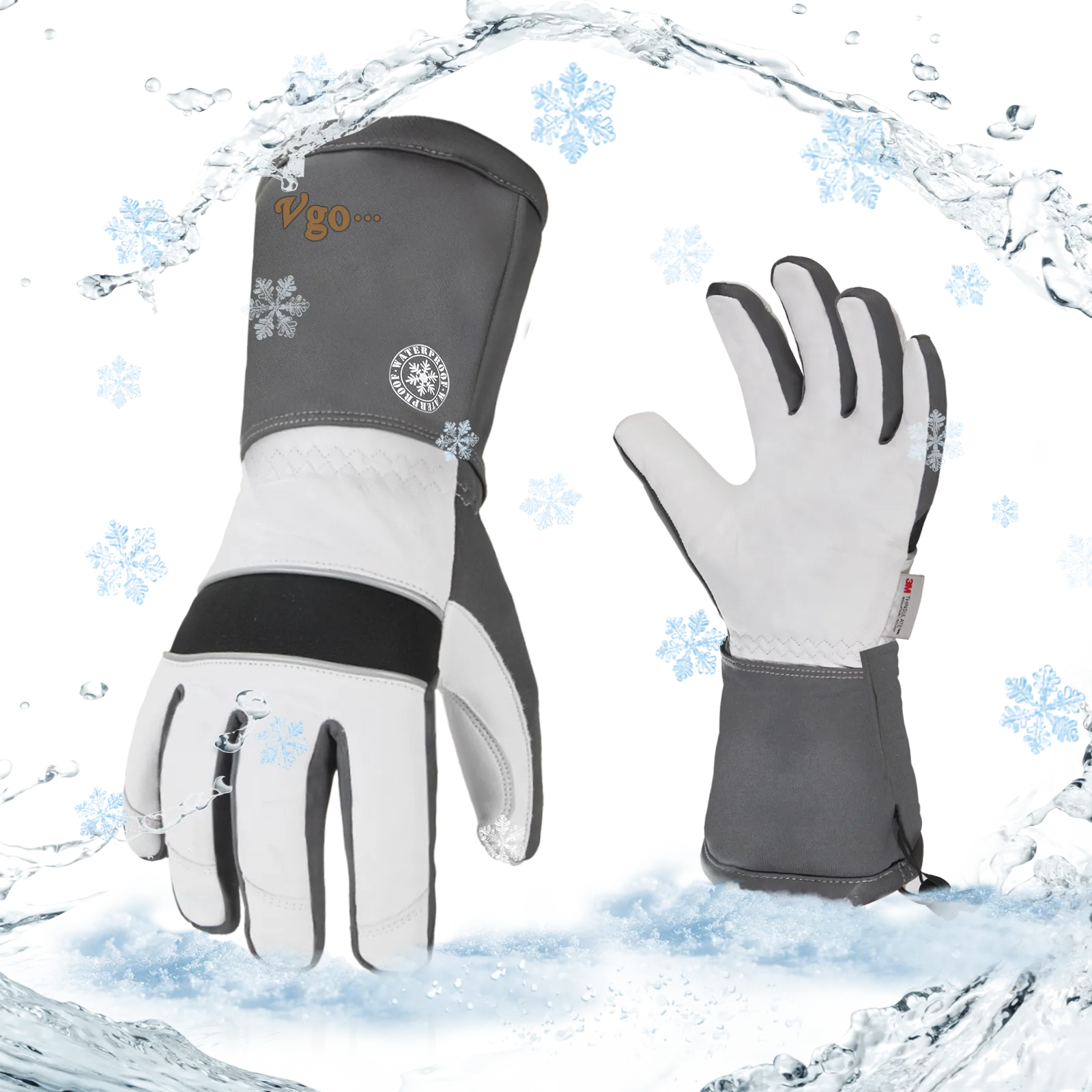 VGO 1-Pair High Dexterity Touchscreen Goatskin Leather Winter Warm Ski Gloves, Cold Storage Work Gloves, G200 Thinsulate, Waterproof Insert (White, GA8435FW)