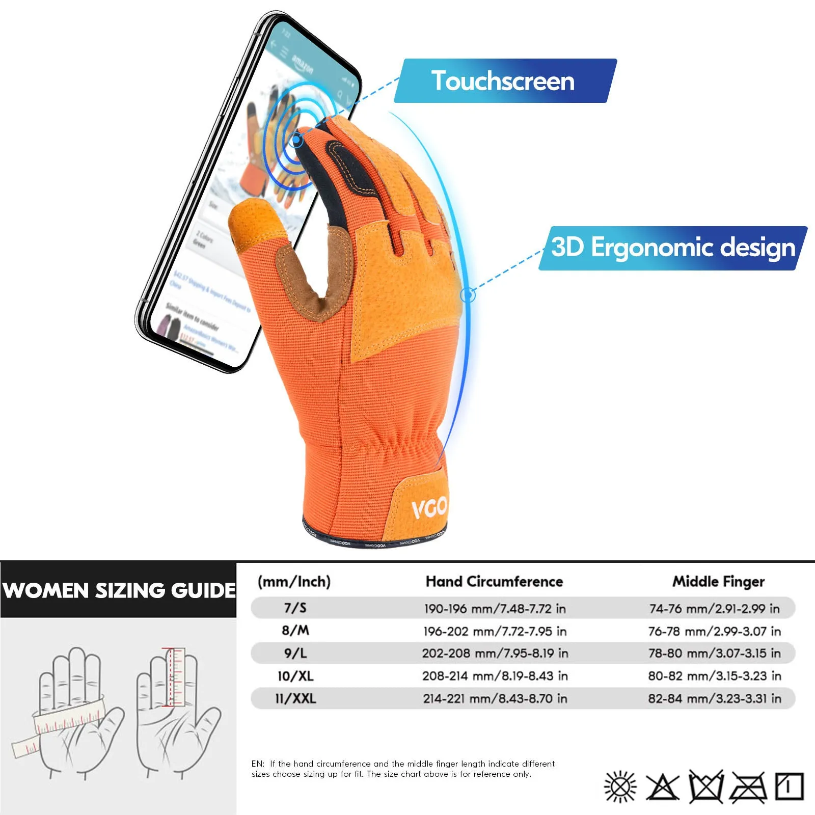 VGO 1Pair 0℃/32°F Winter Gardening Gloves Men,Safety Work Gloves,Puncture-proof,Thornproof,Touchscreen(SL7475FLWP-ORA)