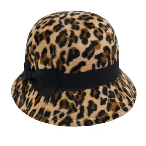 Women's Faux wool felt leopard cloche with grosgrain bow